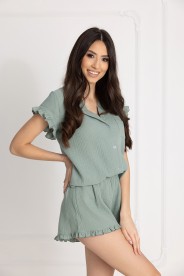 Damen-Musselin-Pyjama Noemi mit Kragen Lorbeergrün – Dolce Sonno