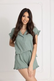 Damen-Musselin-Pyjama Noemi mit Kragen Lorbeergrün – Dolce Sonno