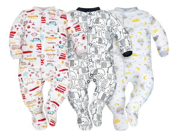 3er-Set Baby-Strampler blühende Autos, Elefanten & Monde - Dolce Sonno
