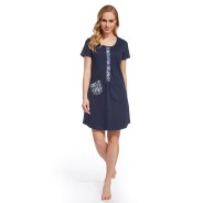 Umstands- und Stillnachthemd mit kurzen Ärmeln und Druckknopf-Ausschnitt Flora Dunkelblau | Dolce Sonno